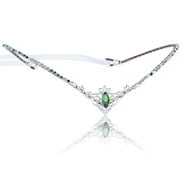Green Crystal Tiara Handmade Fairy Crown Bridal Wedding V-Shaped Elf Headpiece